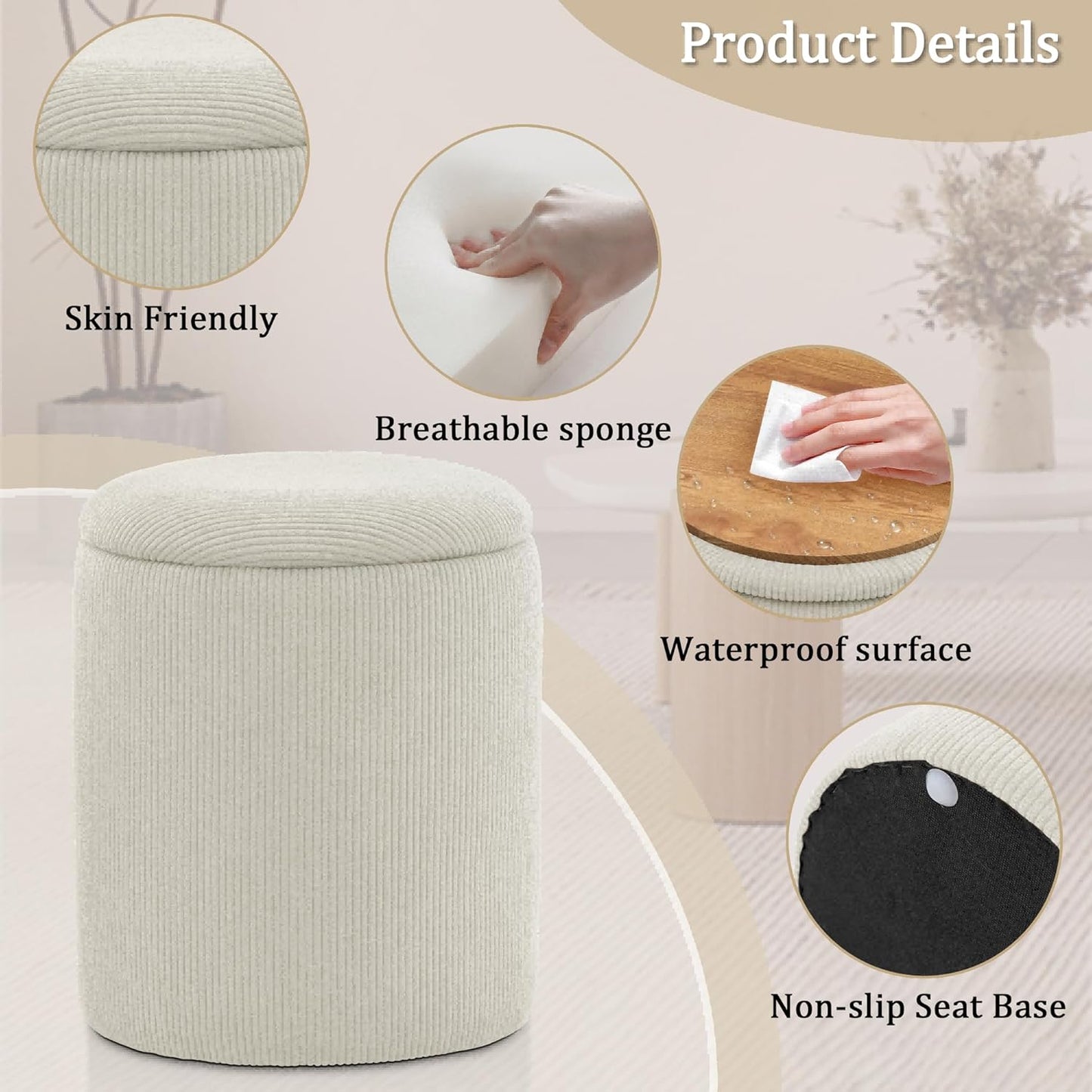 YSICK Round Ottoman with Storage, Set of 2, Small Vanity Stool as Vanity Chair, Corduroy Ottoman Foot Rest for Small Space, Living Room, Bedroom, Beige