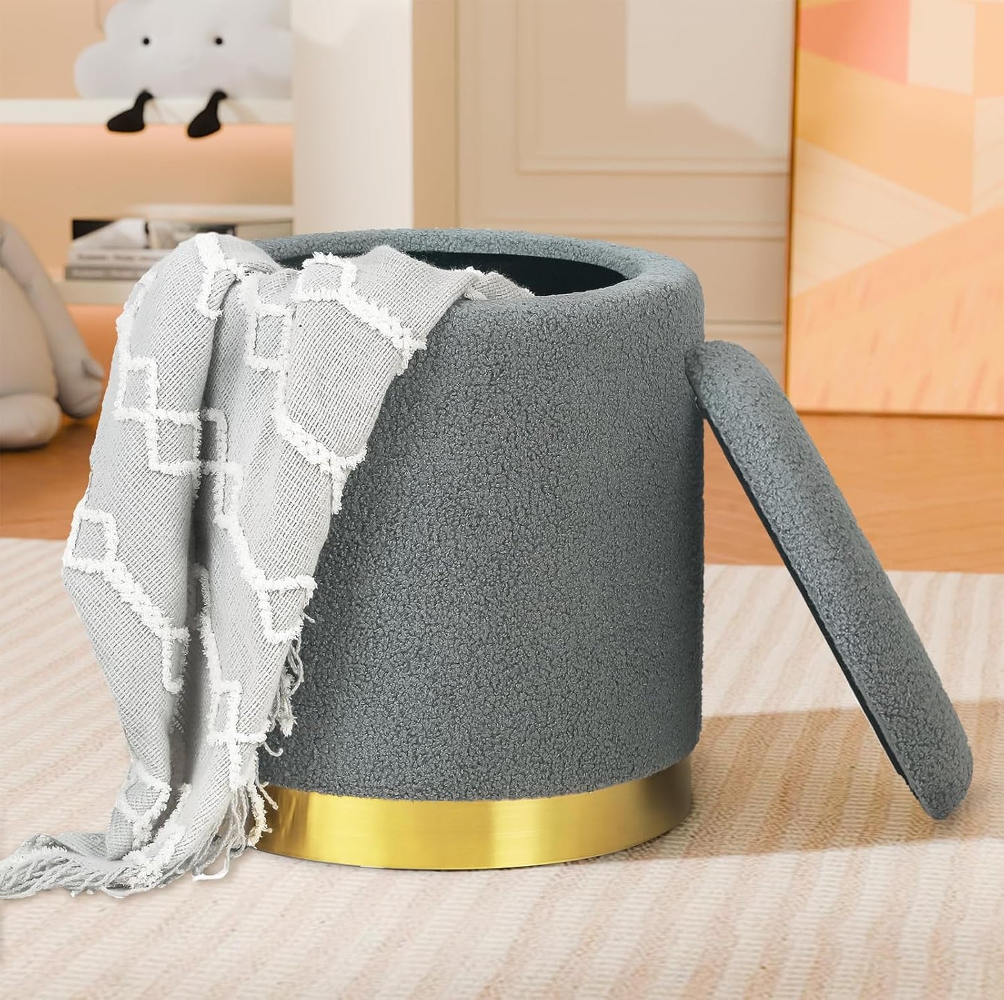 Joveco Boucle Round Storage Ottoman with Removable Lid, Small Upholstered Foot Rest Stool with Gold Plating Base, for Dorm Living Room Bedroom, White