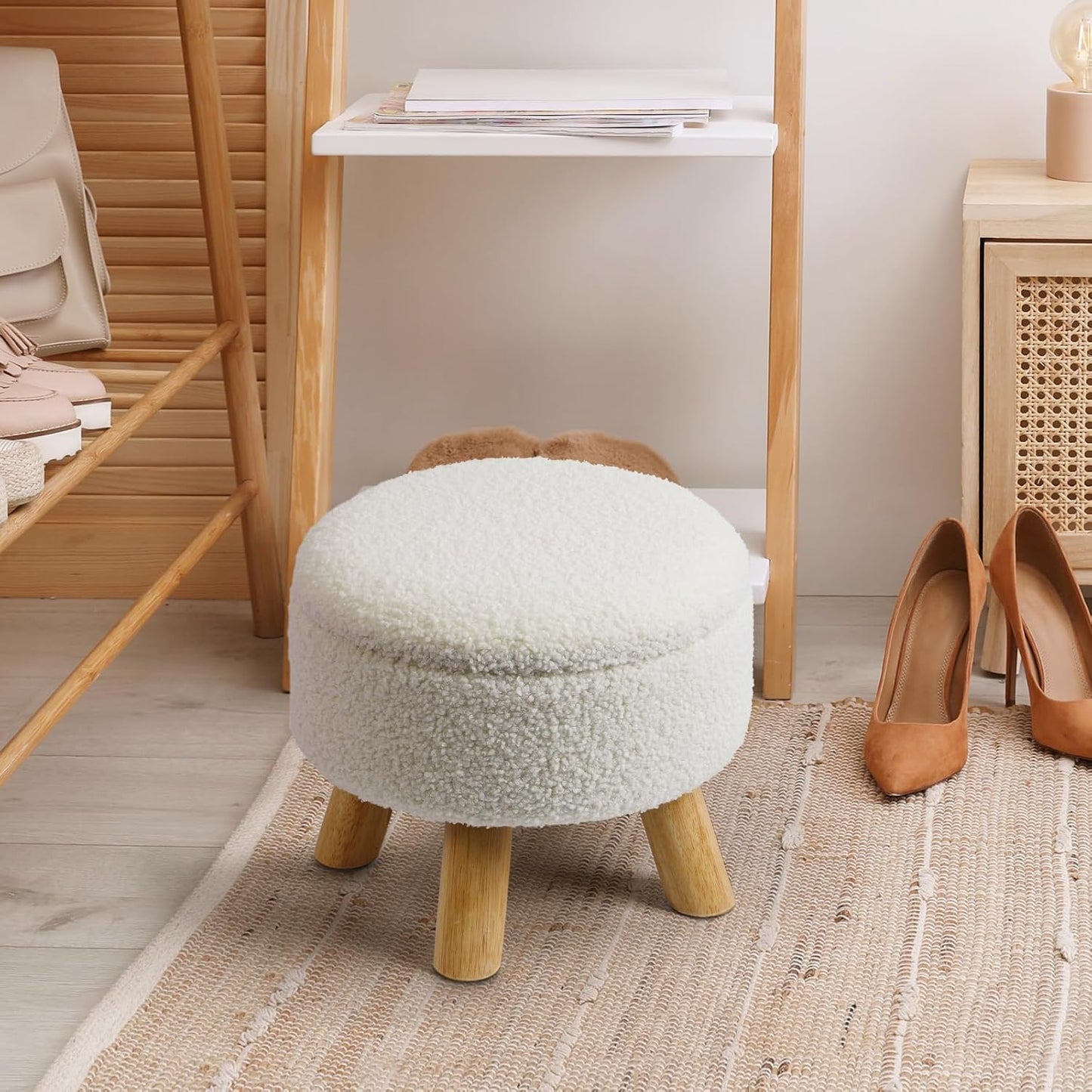 Ottoman Foot Rest, Small Round Ottoman with Storage, Boucle Teddy Velvet Footstool with Wood Legs, Soft Sponge Storage Ottoman for Living Room, Bedroom, Couch, Enterway (Cream)