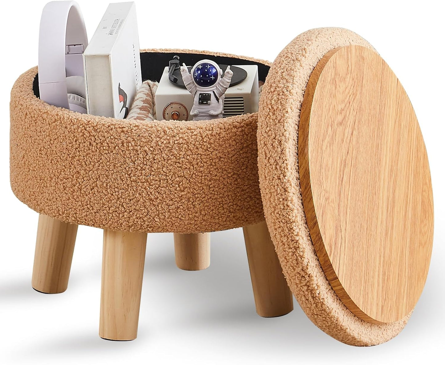 Wimarsbon Storage Ottoman, Modern Round Footrest with Soft Padded Seat, Teddy Velvet Footstool with Wood Legs, Accent Small Table or Plant Stand for Hallway, Living Room (Cream)
