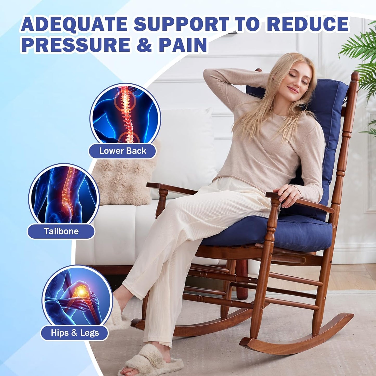 Rocking Chair Cushion Set, Waterproof and Fade-Resistant Patio Chair Cushions, Tufted Chair Pads for Rocker Furniture, 17x17 Inch, Indoor/Outdoor Seat Cushions with Ties, Navy Blue