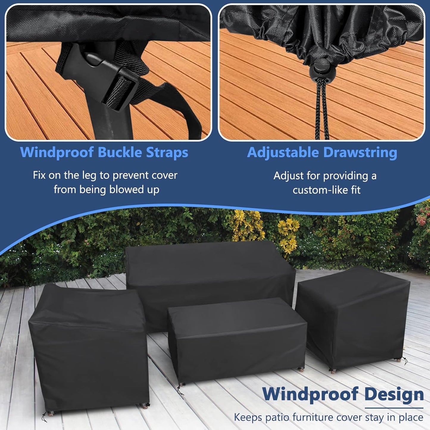 STARTWO Outdoor Furniture Cover Waterproof, 4 Piece Patio Furniture Set Cover for Outside Couch, Lawn Chairs, Coffee Table, Windproof with Buckle Strap, Black