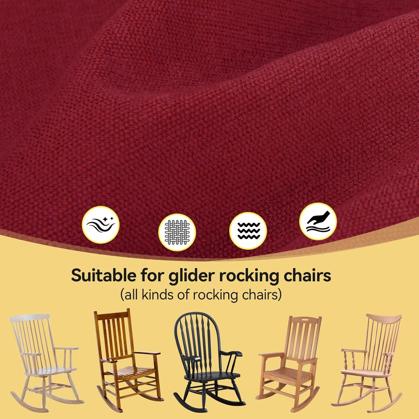 Millsilo Rocking Chair Cushions for Indoor Rocker, Comfortable Chenille Tufted Non-Slip Rocking Chair Pads with Ties for Adirondack, Glider Chair Rocker Replacement Cushions, Wine red, 52"x19"x4"