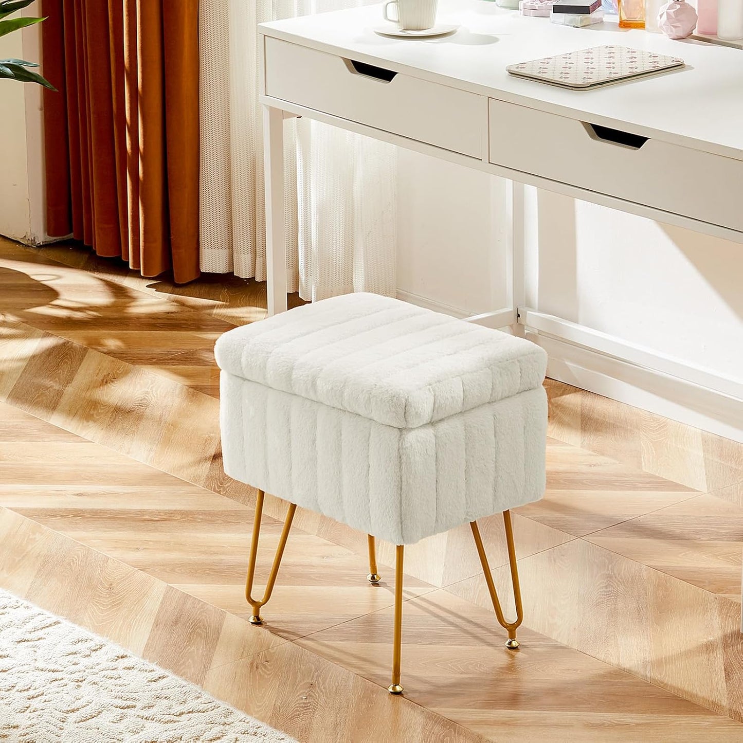 Sweetcrispy Vanity Stool Chair with Storage, Ottoman Faux Fur Soft Padded Makeup Footstools Seat with 4 Metal Legs Anti-Slip Adjustable Feet Modern Cute Small Footrest for Home Entryway Bedroom White