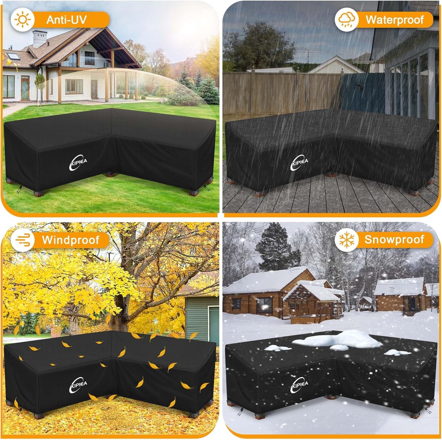 Kipiea Patio V-Shaped Sectional Sofa Cover, 420D Heavy-Duty Oxford Fabric Outdoor Sectional Cover with 6 Windproof Buckles, Anti UV and No Tears, No Fading (85"/85" L x 33.5" D x 31" H) Black