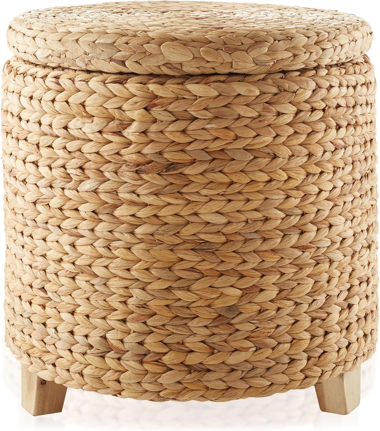 Casafield 17" Round Storage Ottoman with Lid - Natural, Handwoven Water Hyacinth Footstool for Living Room, Bedroom, Bathroom, Home Office