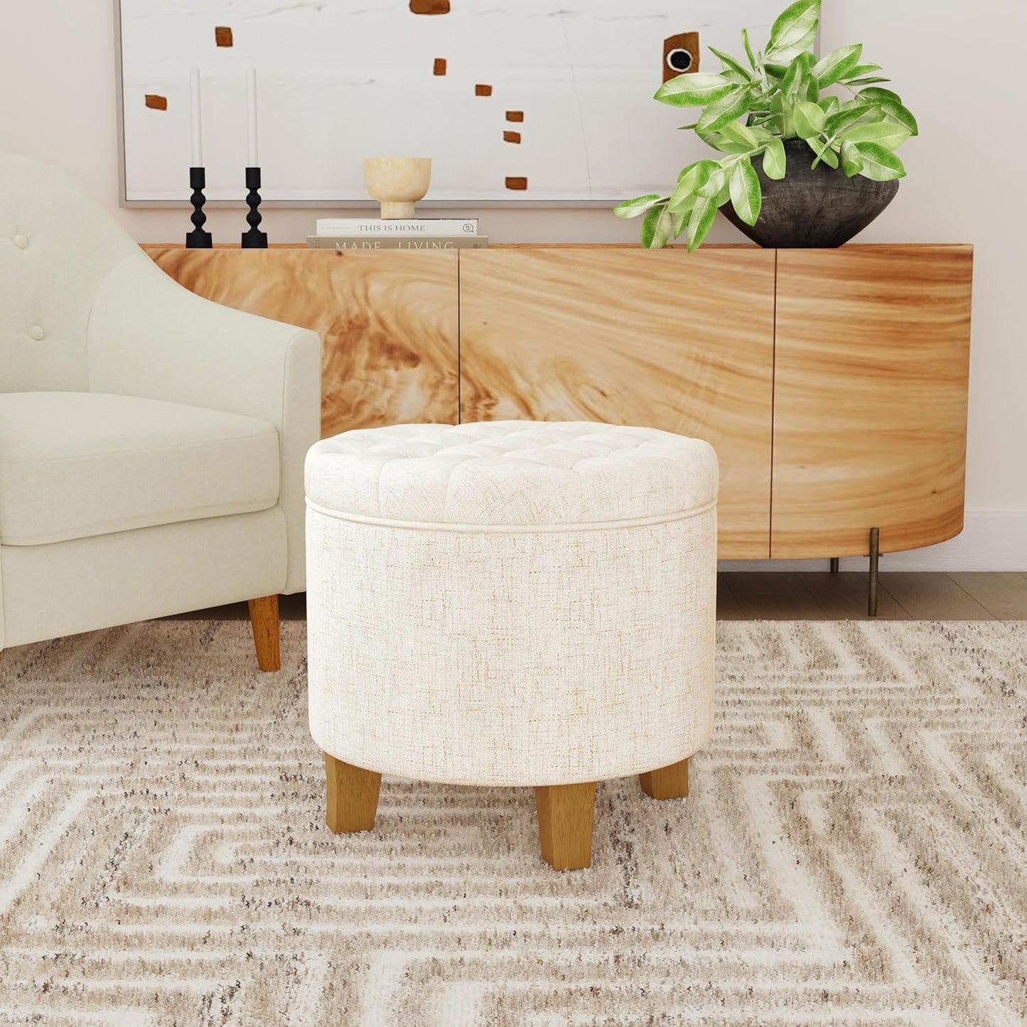 HomePop Home Decor | Upholstered Round Tufted Foot Rest Ottoman | Ottoman with Storage for Living Room & Bedroom | Decorative Home Furniture, Cream Textured Solid