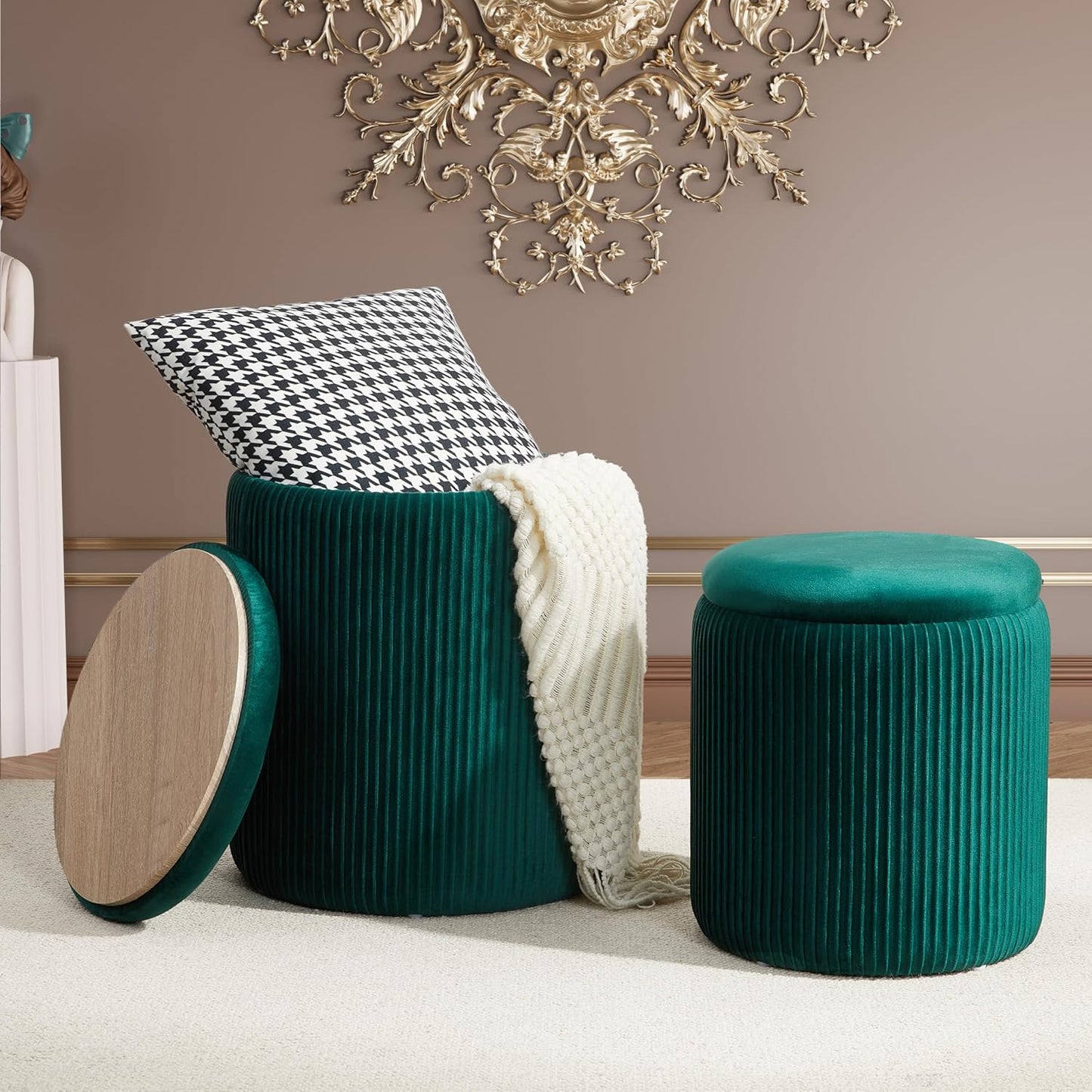 Boucle Round Ottoman with Storage Set of 2,Small Foot Stool Ottoman for Living Room, Small Coffee Table,Vanity Stool with Storage for Bedroom, Beige