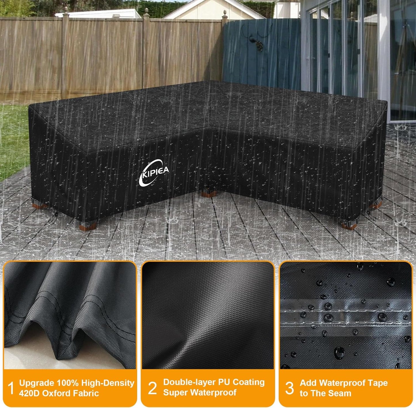 Kipiea Patio V-Shaped Sectional Sofa Cover, 420D Heavy-Duty Oxford Fabric Outdoor Sectional Cover with 6 Windproof Buckles, Anti UV and No Tears, No Fading (85"/85" L x 33.5" D x 31" H) Black