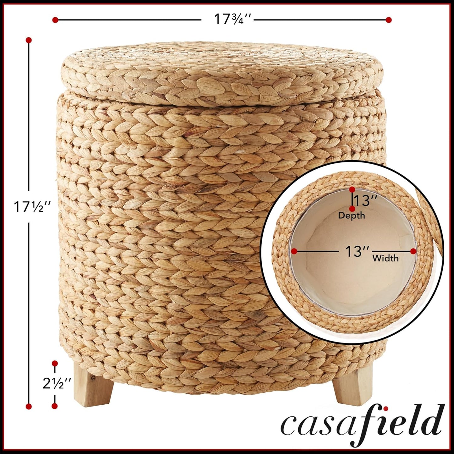 Casafield 17" Round Storage Ottoman with Lid - Natural, Handwoven Water Hyacinth Footstool for Living Room, Bedroom, Bathroom, Home Office