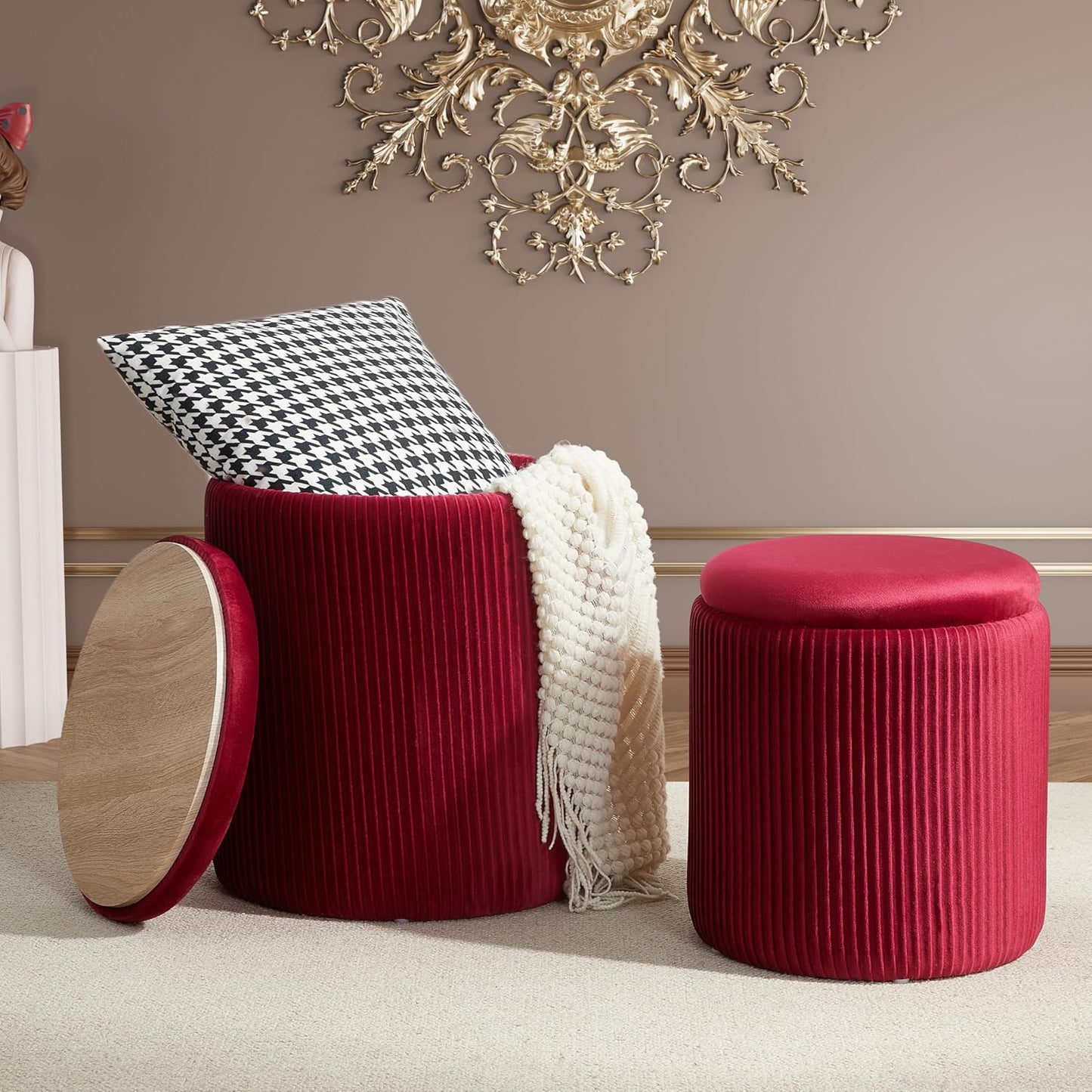 Boucle Round Ottoman with Storage Set of 2,Small Foot Stool Ottoman for Living Room, Small Coffee Table,Vanity Stool with Storage for Bedroom, Beige